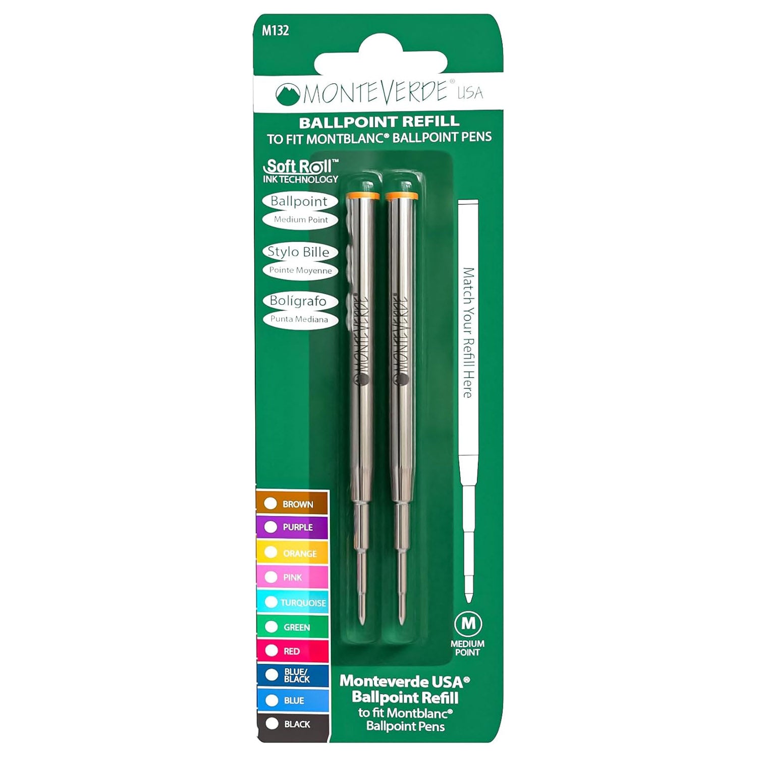 Monteverde Soft Roll Ballpoint Pen Refill (to fit Montblanc - Orange - Pack of 2)