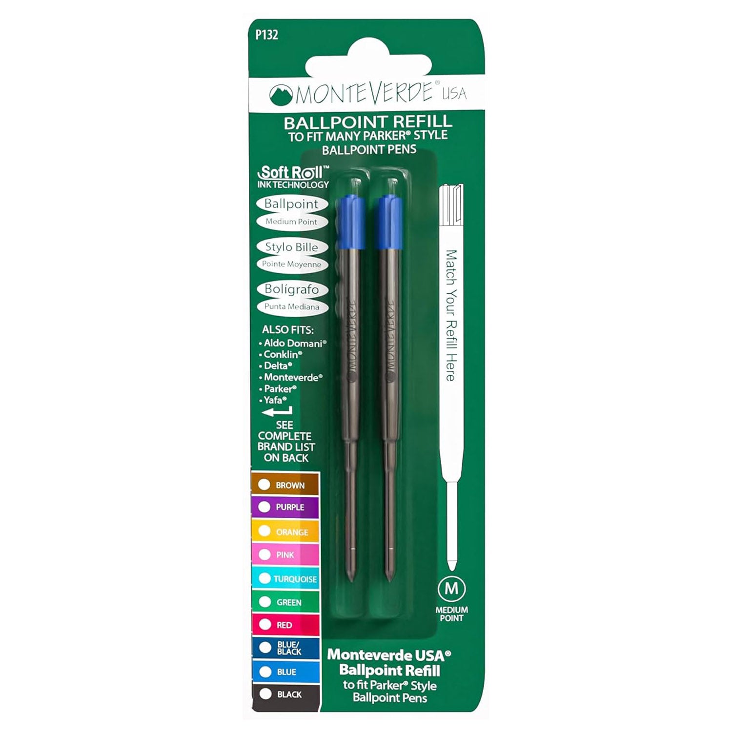 Monteverde Soft Roll Ballpoint Pen Refill (to fit Parker - Blue - Pack of 2)