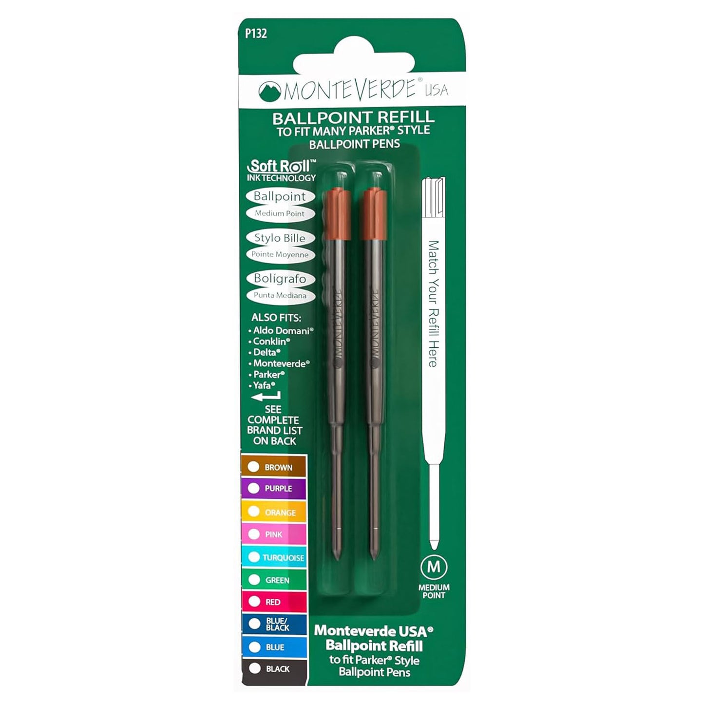 Monteverde Soft Roll Ballpoint Pen Refill (to fit Parker - Brown - Pack of 2)