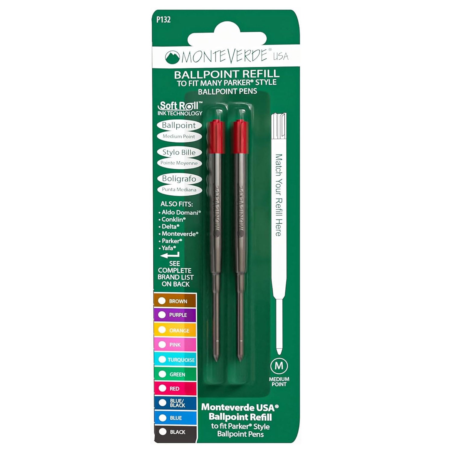 Monteverde Soft Roll Ballpoint Pen Refill (to fit Parker - Red - Pack of 2)