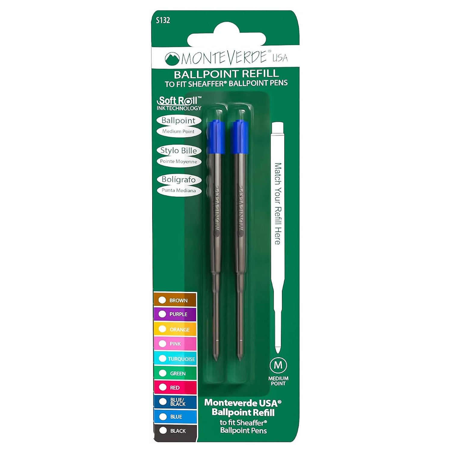 Monteverde Soft Roll Ballpoint Pen Refill (to fit Sheaffer & Sailor - Bue - Pack of 2)