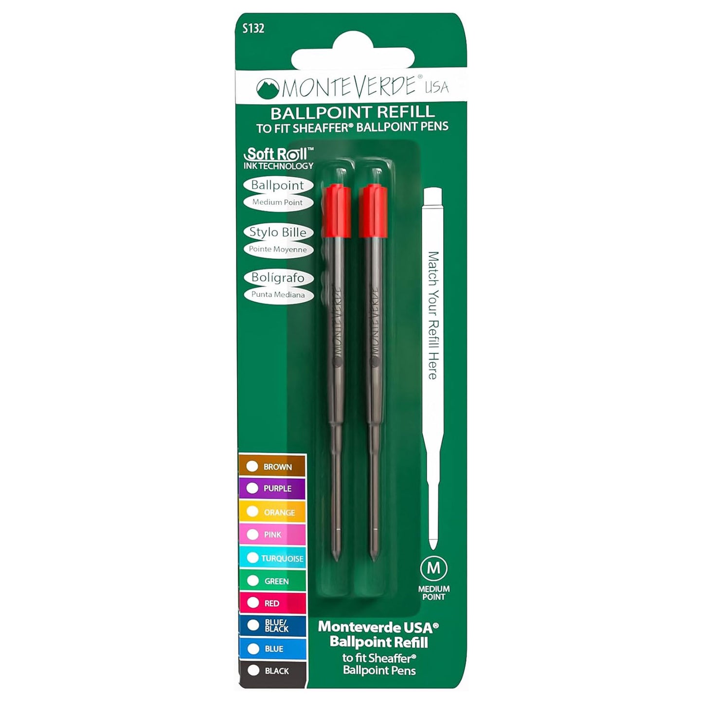 Monteverde Soft Roll Ballpoint Pen Refill (to fit Sheaffer & Sailor - Red - Pack of 2)