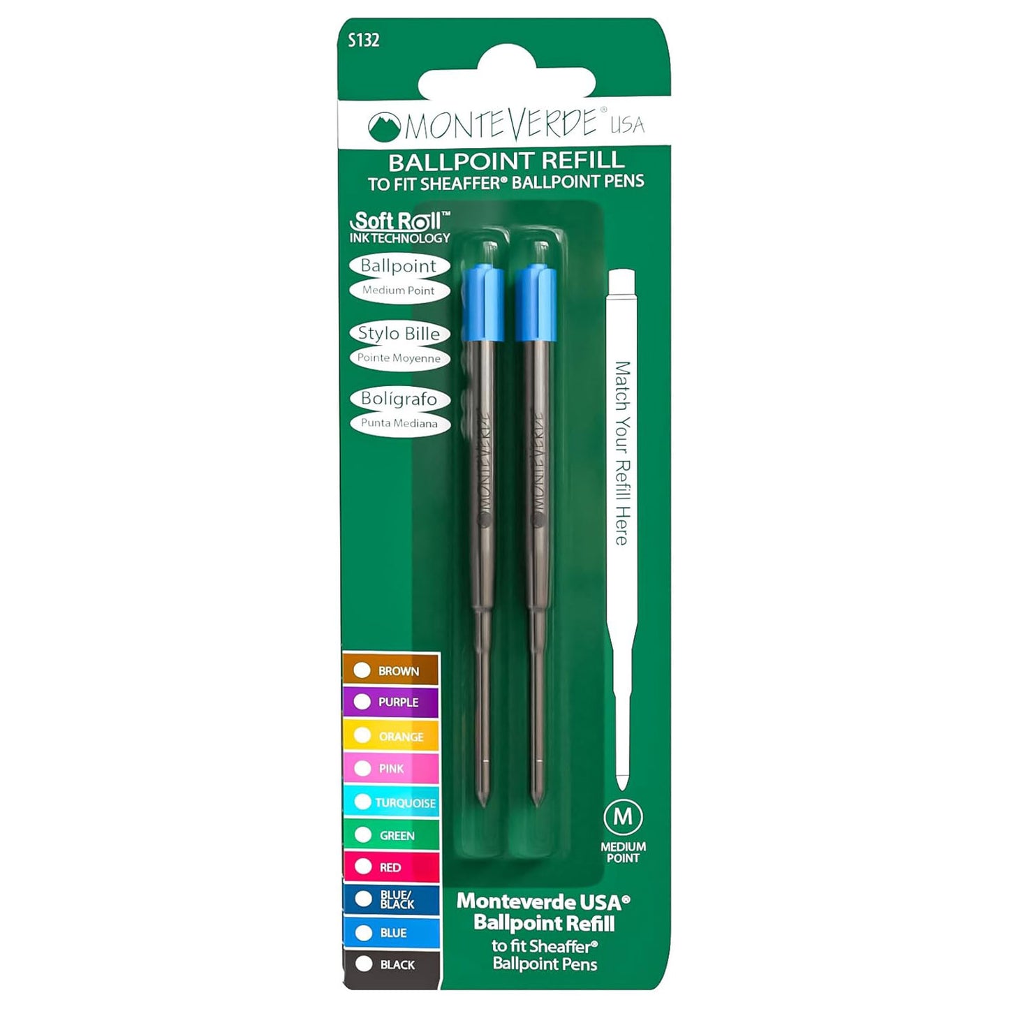 Monteverde Soft Roll Ballpoint Pen Refill (to fit Sheaffer & Sailor - Turquoise - Pack of 2)