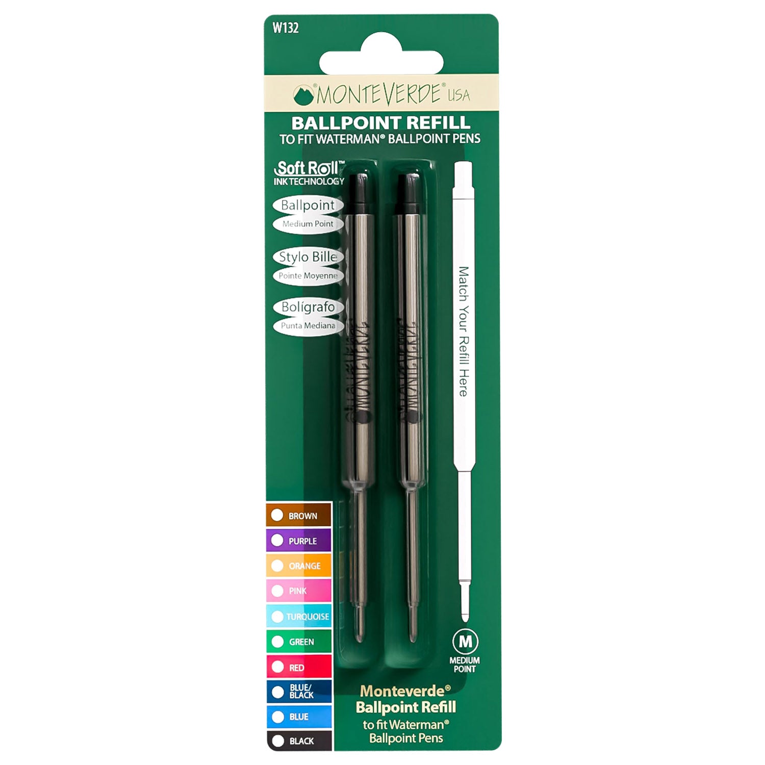 Monteverde Soft Roll Ballpoint Pen Refill (to fit Waterman - Black - Pack of 2)