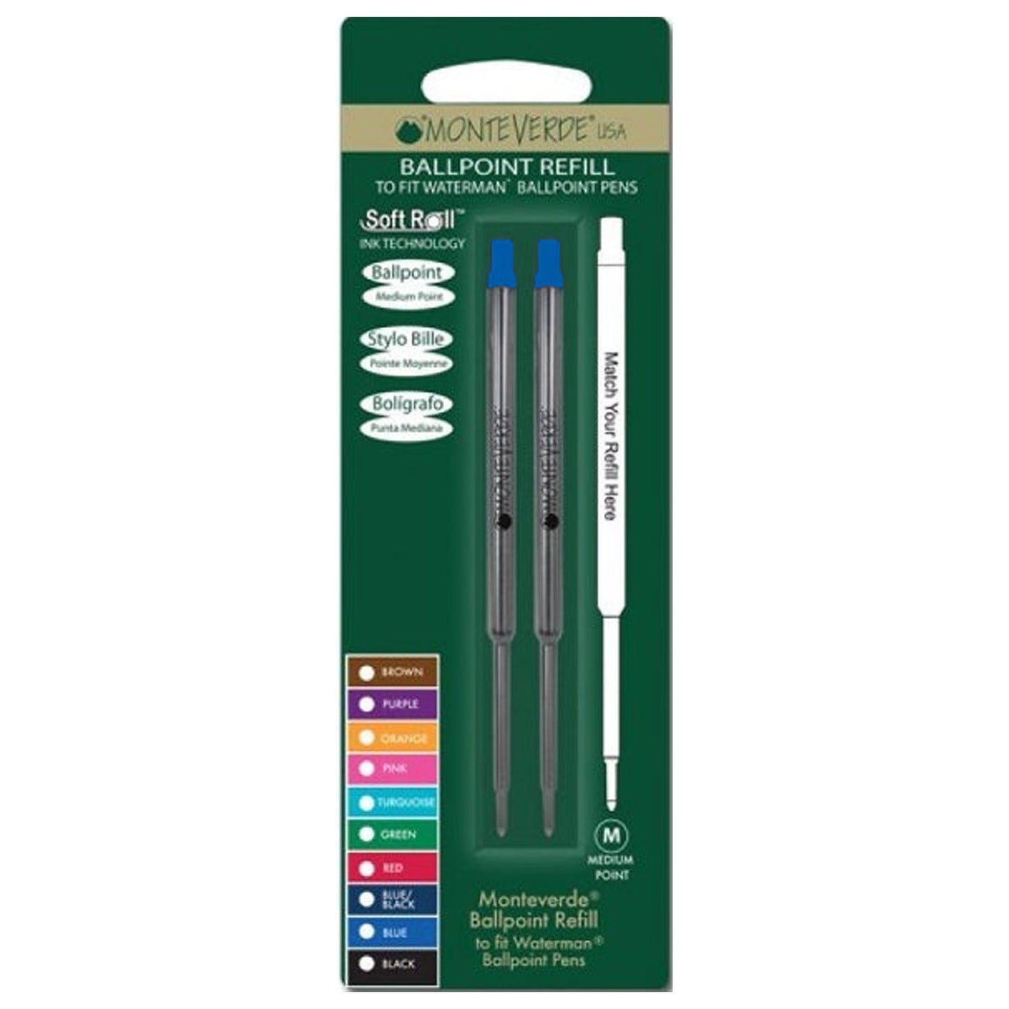 Monteverde Soft Roll Ballpoint Pen Refill (to fit Waterman - Bue - Pack of 2)