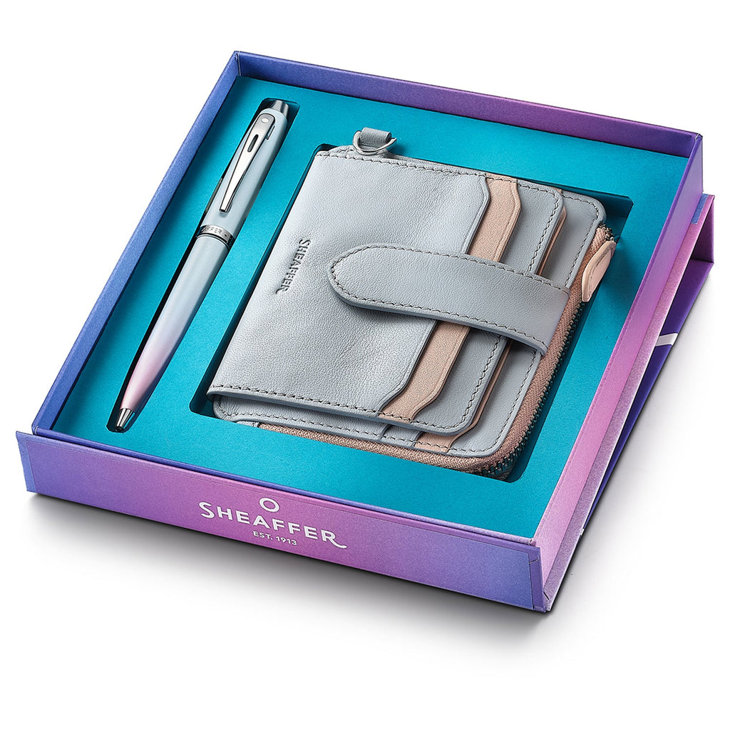 Sheaffer Expressions 100 Blue/Pink Pearlised Gradient CT Ballpoint Pen + Wallet Gift Set G9376