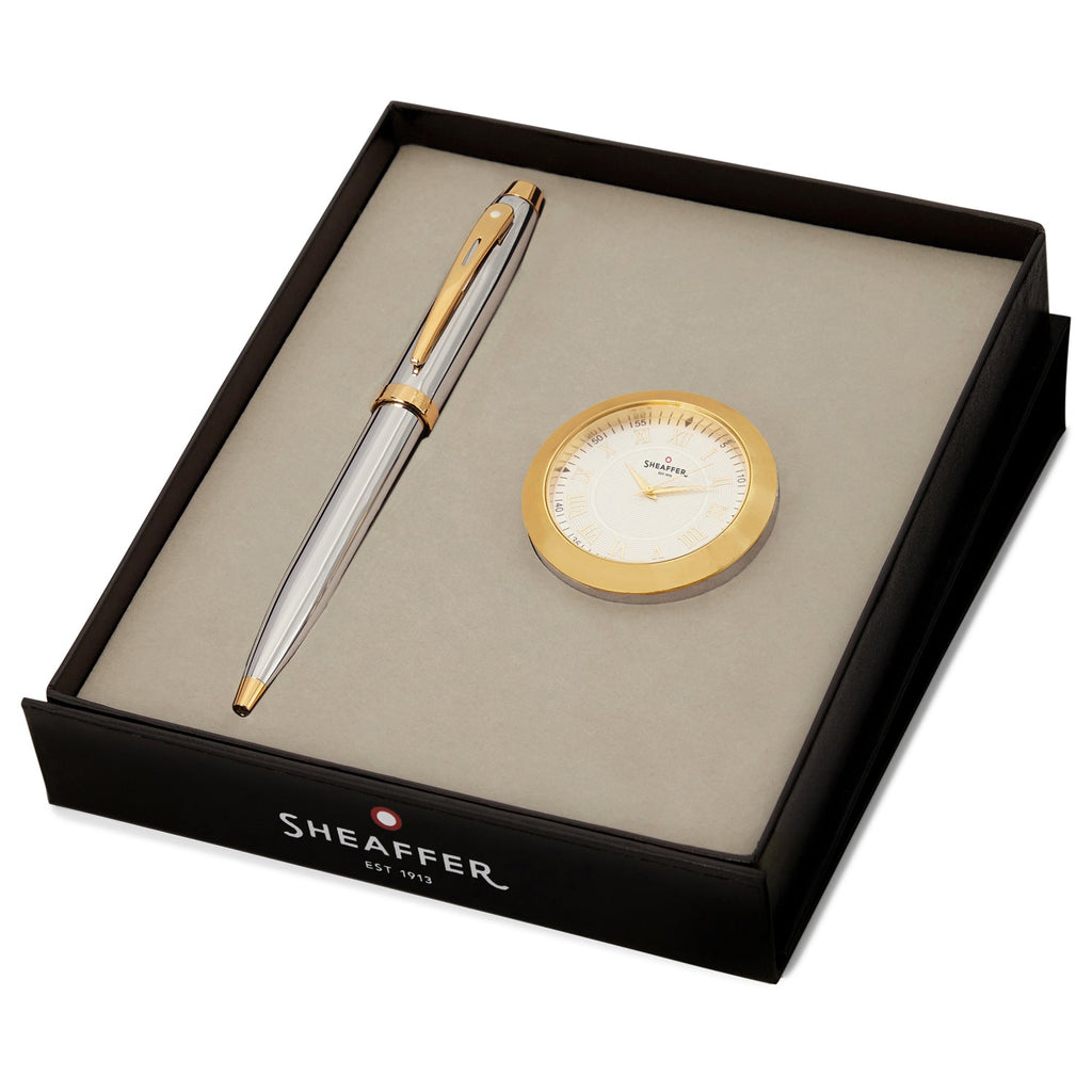 Sheaffer 100 Bright Chrome GT Ballpoint Pen + Table Clock Gift Set G9340
