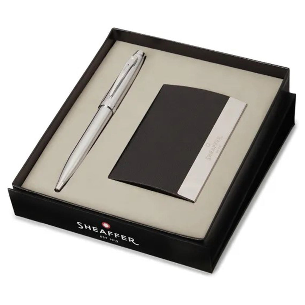 Sheaffer 100 Brushed Chrome CT Ballpoint Pen + Business Card Holder Gift Set G9306