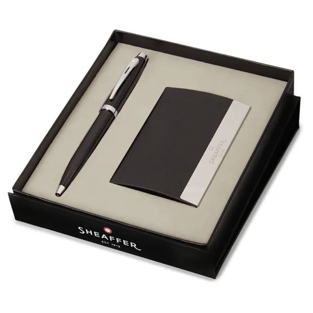 Sheaffer 100 Glossy Black CT Ballpoint Pen + Business Card Holder Gift Set G9338