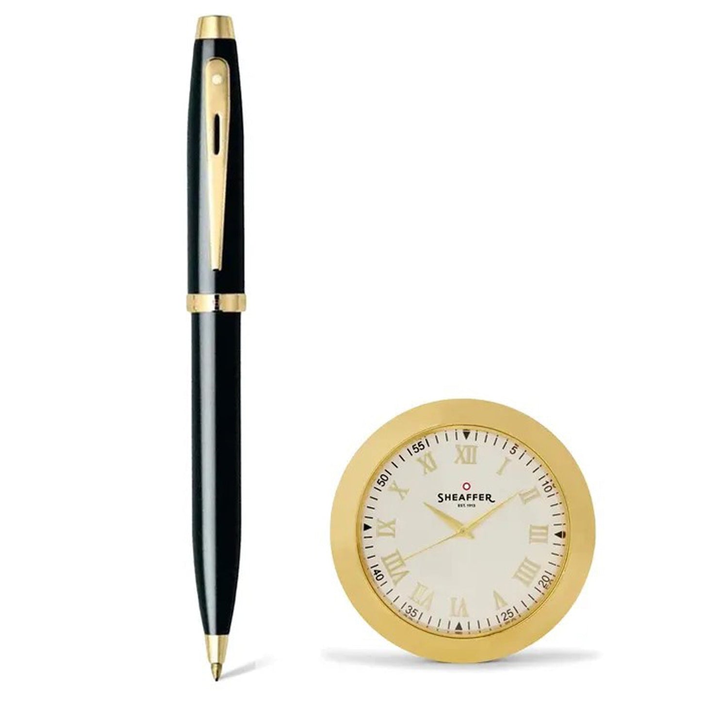 Sheaffer 100 Glossy Black GT Ballpoint Pen + Table Clock Gift Set G9322