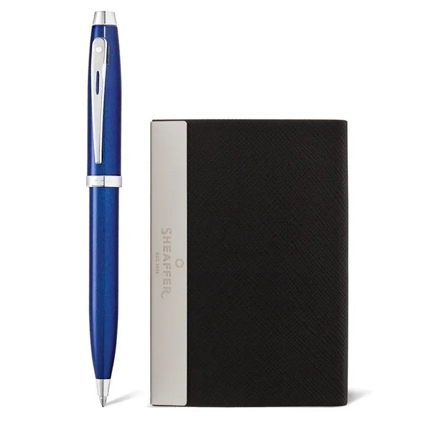 Sheaffer 100 Glossy Blue CT Ballpoint Pen + Business Card Holder Gift Set G9339