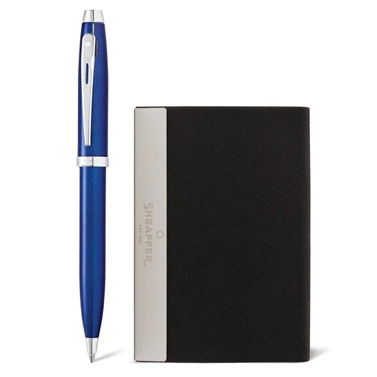 Sheaffer 100 Glossy Blue CT Ballpoint Pen + Business Card Holder Gift Set G9339