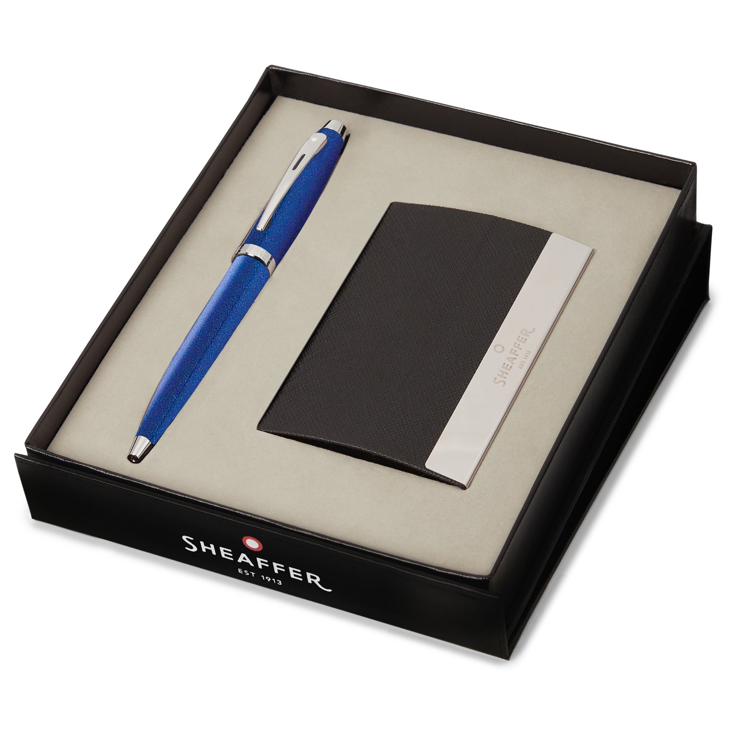 Sheaffer 100 Glossy Blue CT Ballpoint Pen + Business Card Holder Gift Set G9339