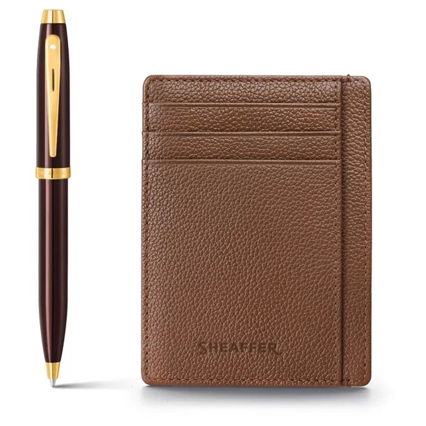 Sheaffer 100 Glossy Brown GT Ballpoint Pen + Credit Card Holder Gift Set G9370