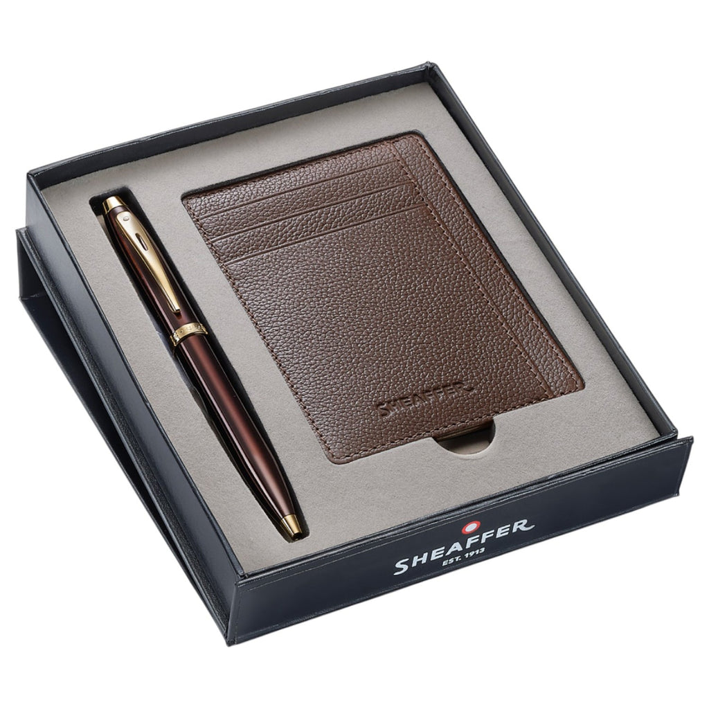 Sheaffer 100 Glossy Brown GT Ballpoint Pen + Credit Card Holder Gift Set G9370