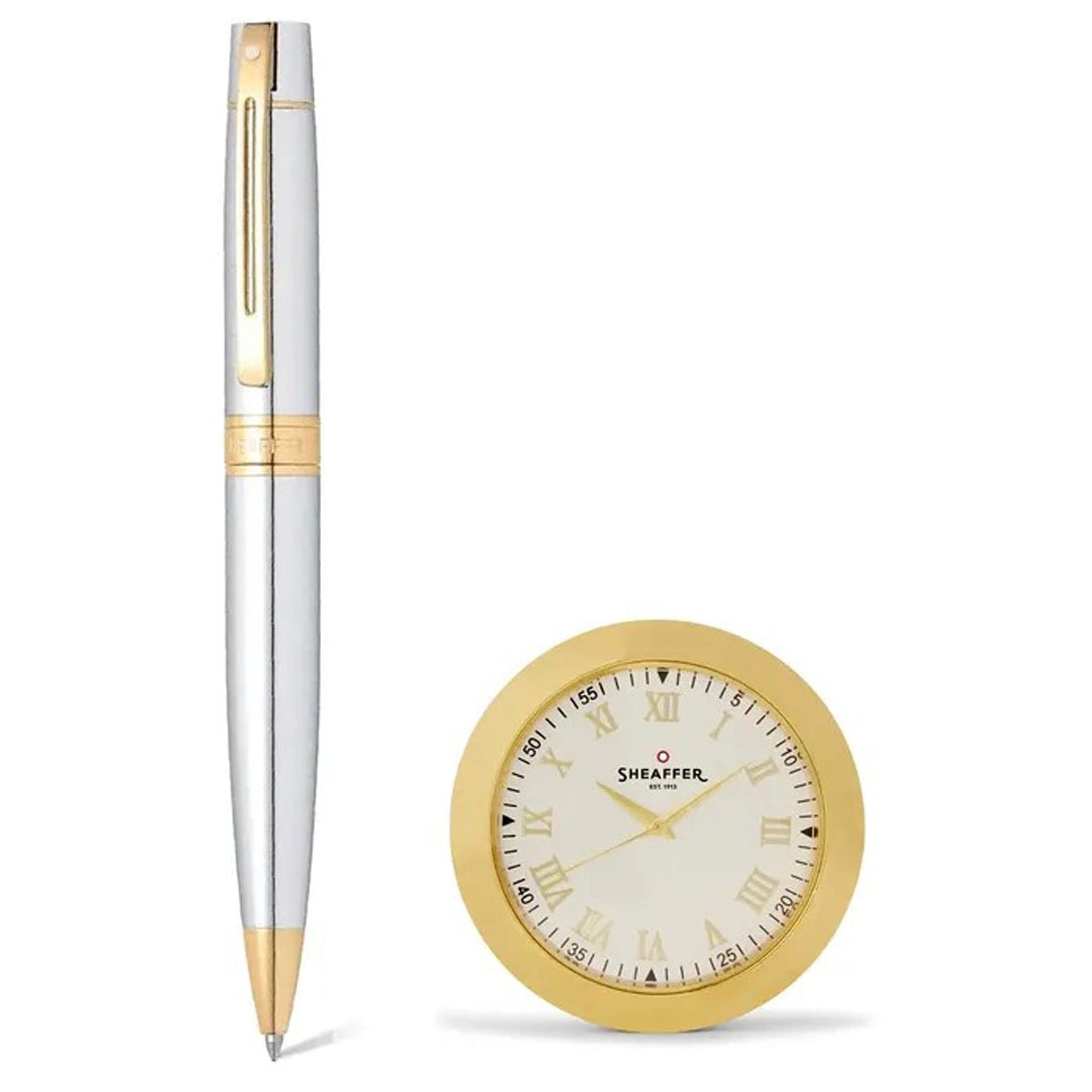 Sheaffer 300 Bright Chrome GT Ballpoint Pen + Table Clock Gift Set G9342