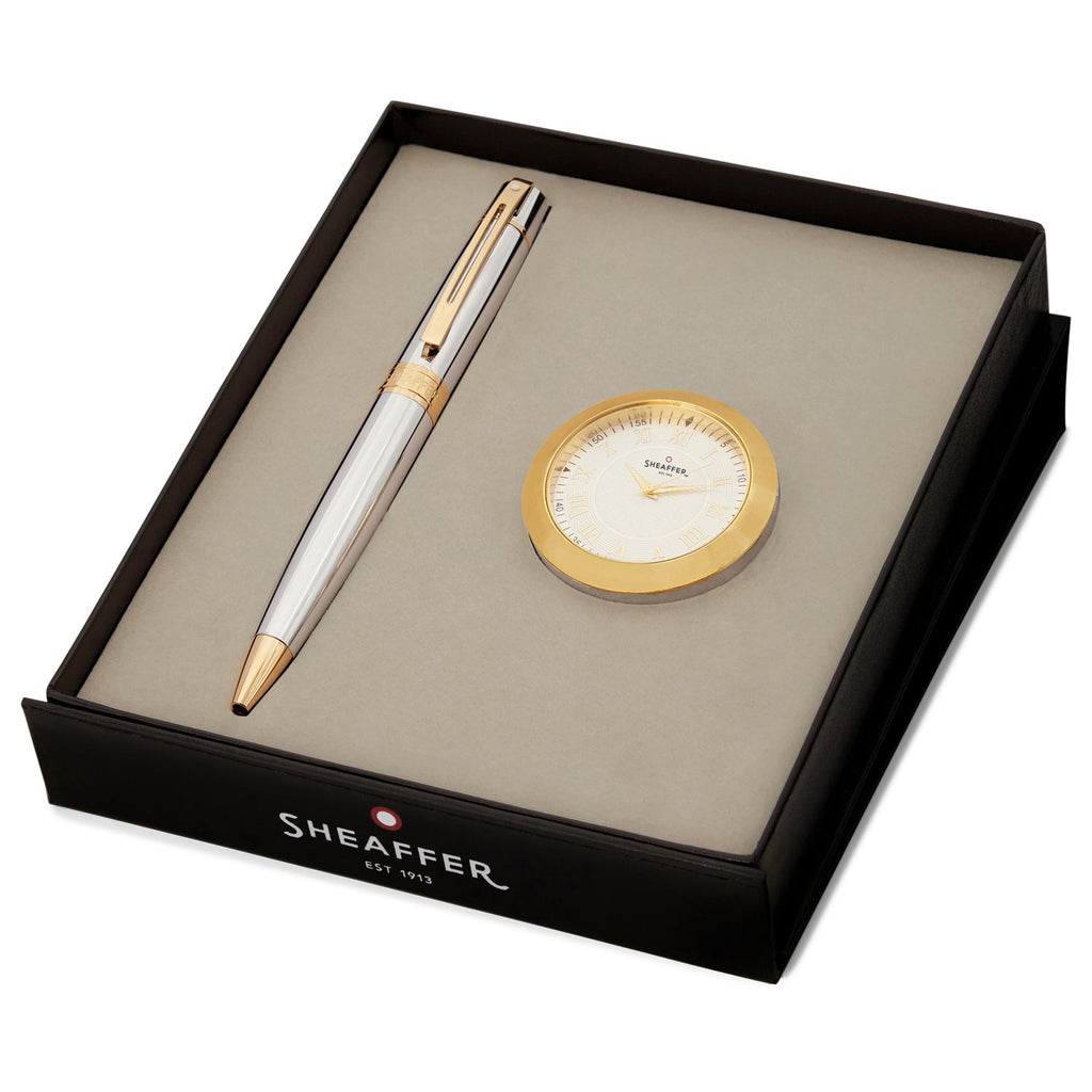 Sheaffer 300 Bright Chrome GT Ballpoint Pen + Table Clock Gift Set G9342