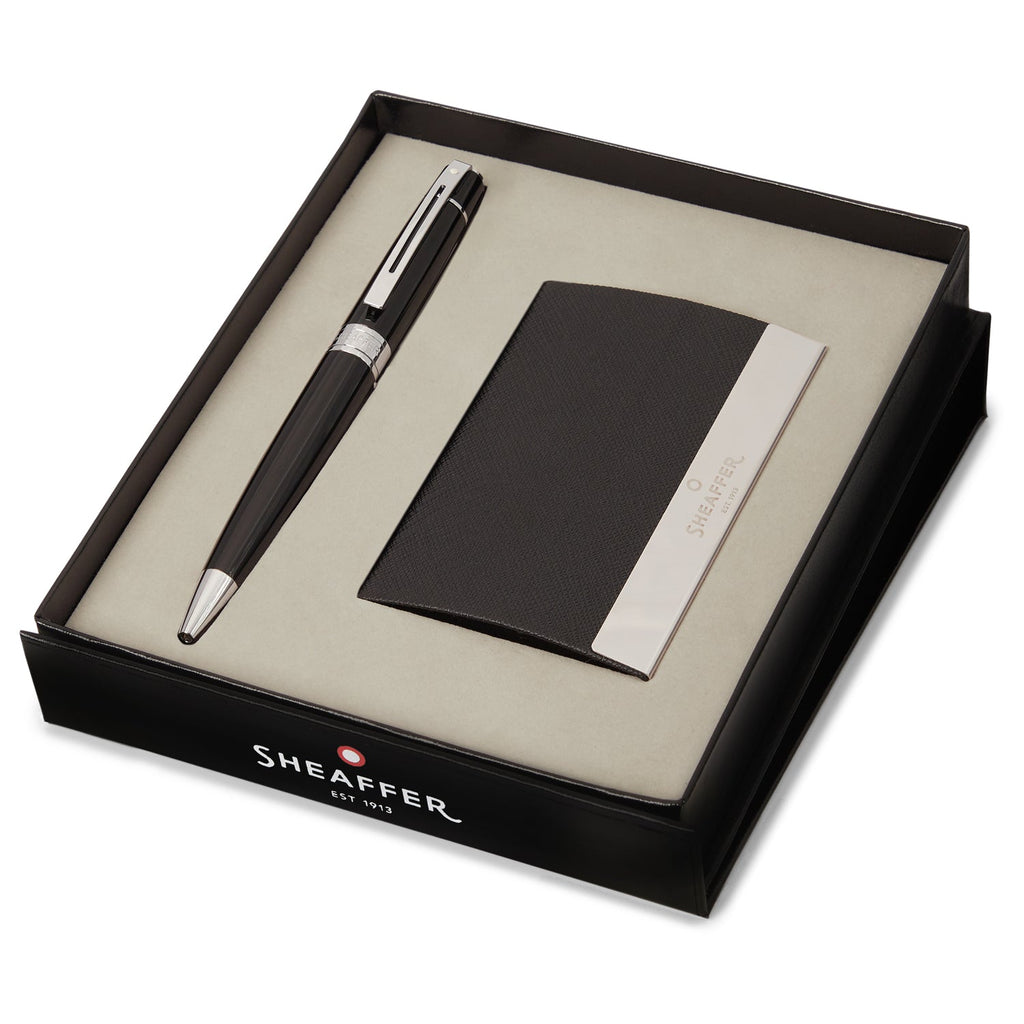 Sheaffer 300 Glossy Black CT Ballpoint Pen + Business Card Holder Gift Set G9312