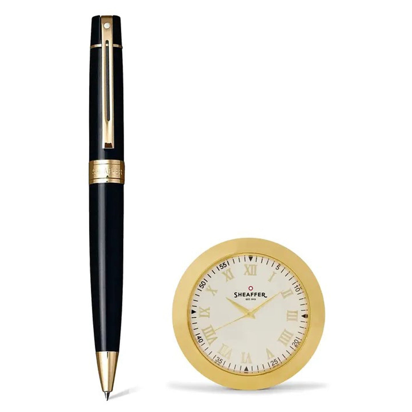 Sheaffer 300 Glossy Black GT Ballpoint Pen + Table Clock Gift Set G9325