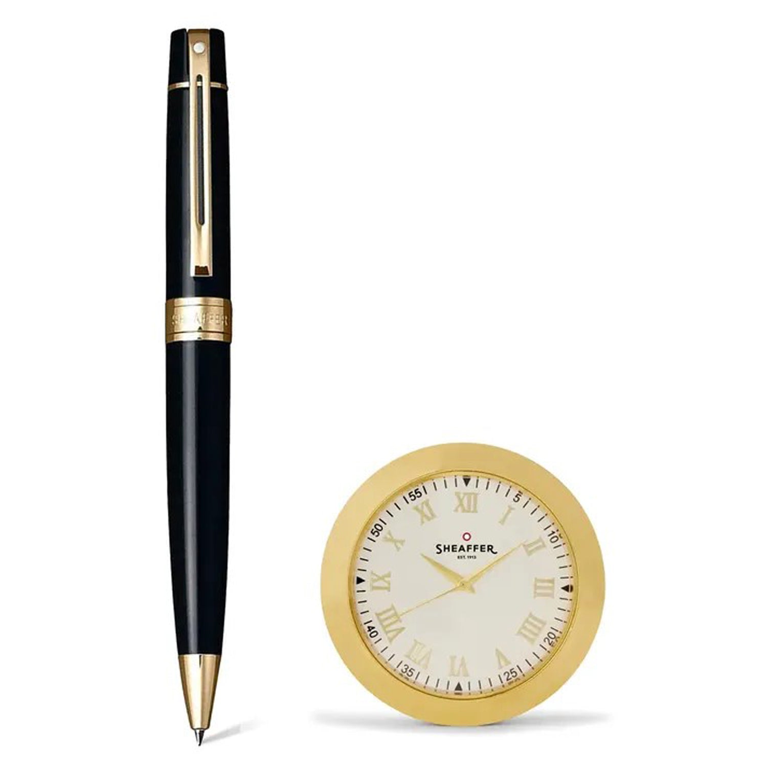 Sheaffer 300 Glossy Black GT Ballpoint Pen + Table Clock Gift Set G9325