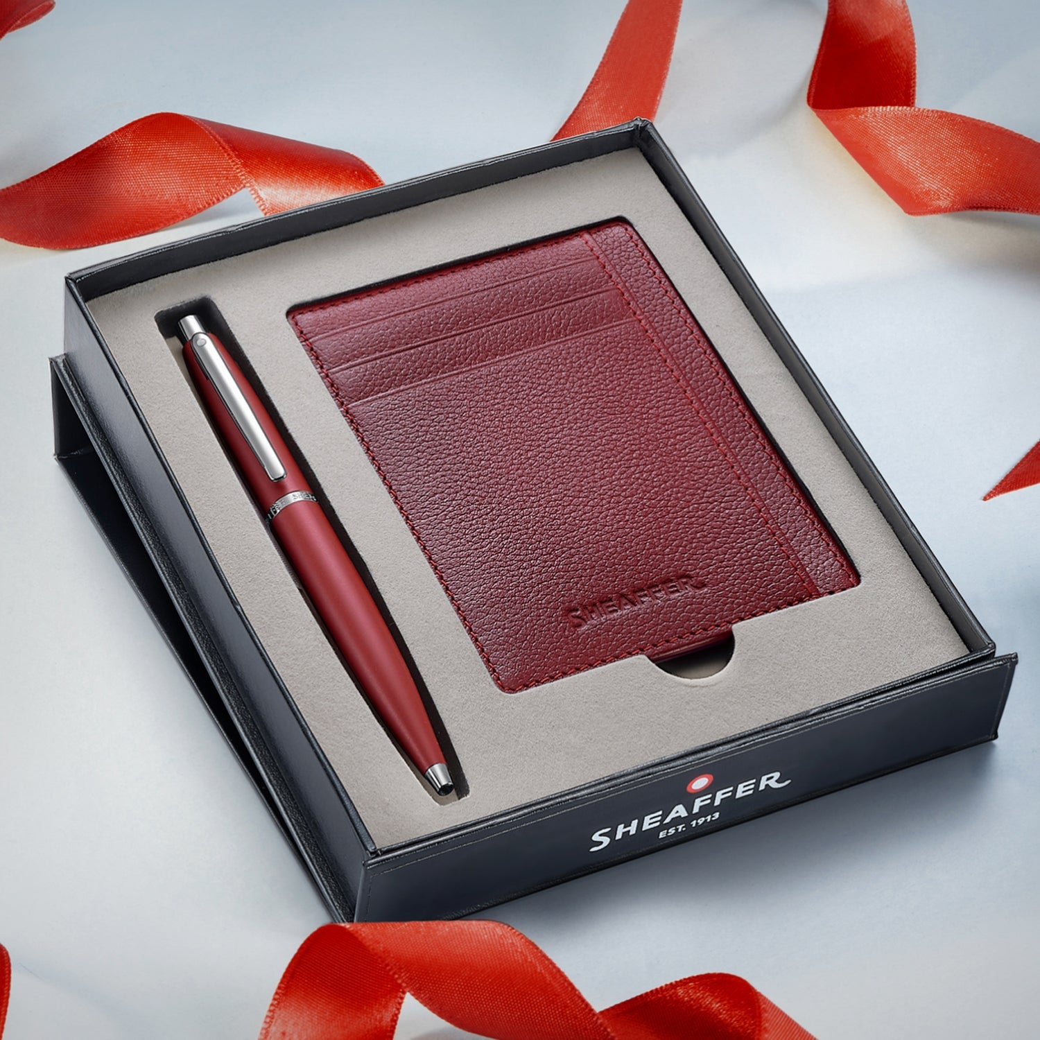 Sheaffer VFM Excessive Red CT Ballpoint Pen + Credit Card Holder Gift Set G9403