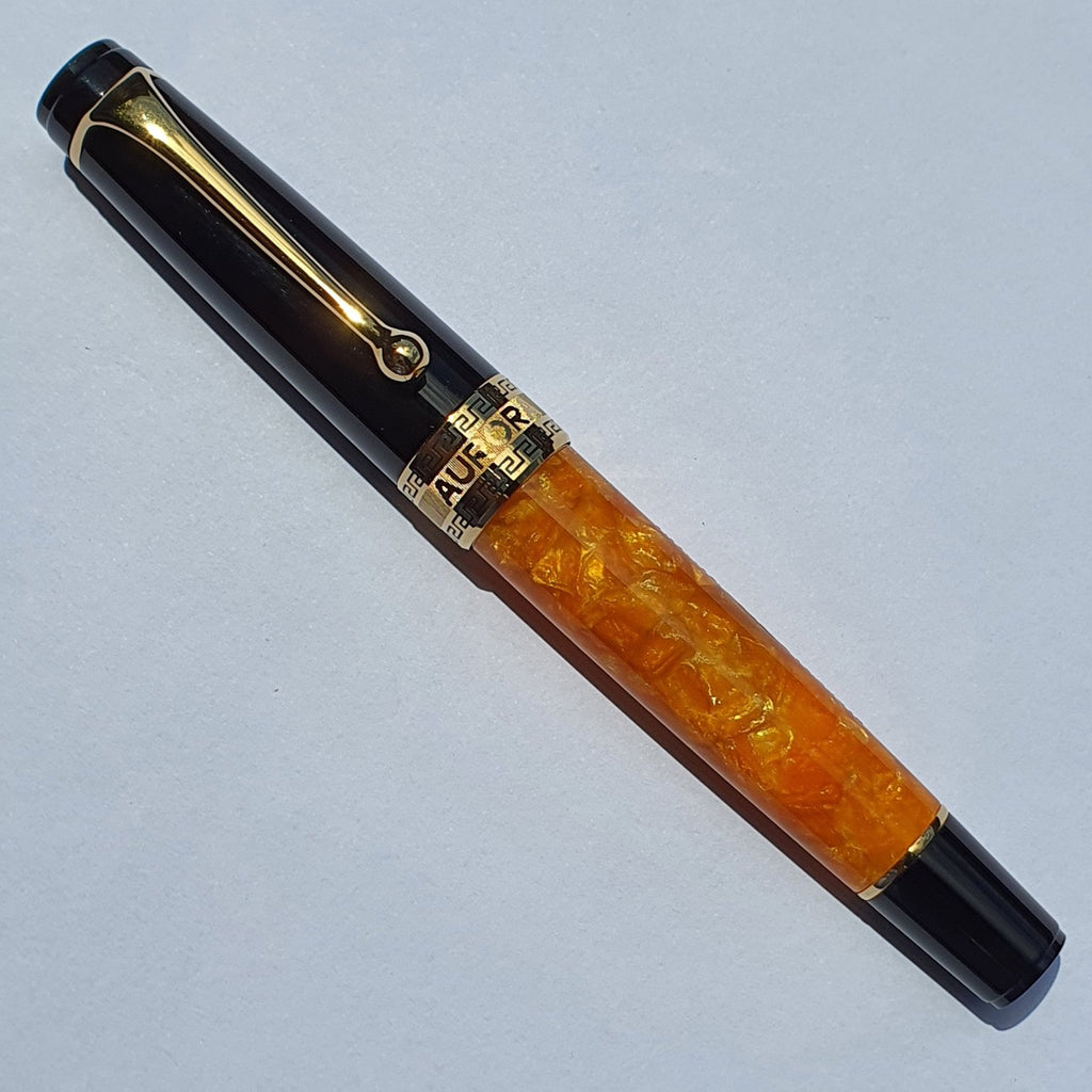 Aurora Optima Black/Orange 14K Gold GT Fountain Pen 997-NAO with ink reservoir