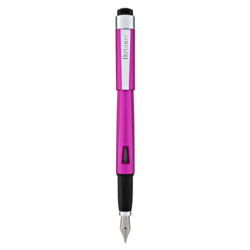 Diplomat Magnum Hot Pink Fountain Pen made in resin with stainless steel nib and a ink window