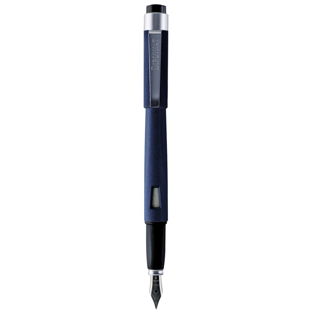 Diplomat Magnum Soft Touch Blue Fountain Penmade in resin with stainless steel nib and a ink window