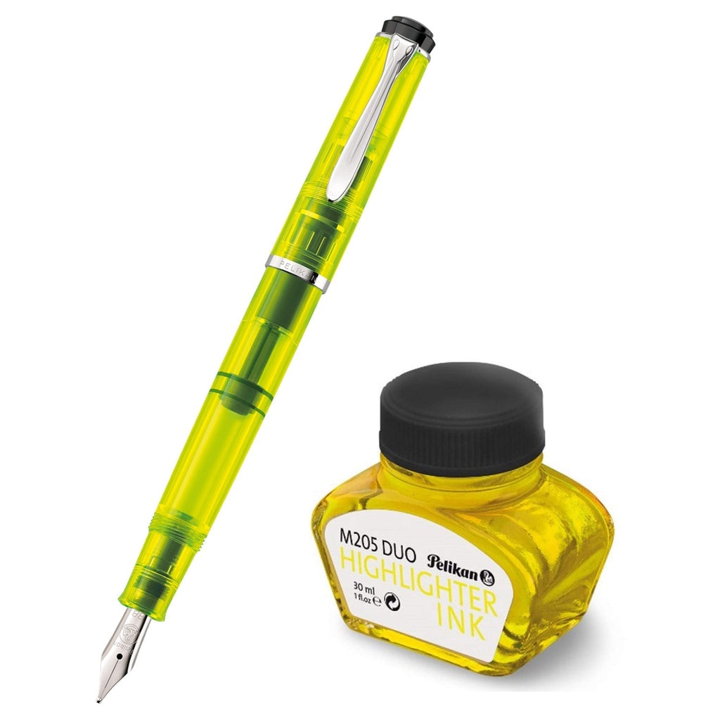 Pelikan Classic M205 Duo Neon Yellow Fountain Pen Set with Double broad nib translucent neon yellow body and neon yellow 30 ml ink bottle. Pen can be used for writing as well as highlighting