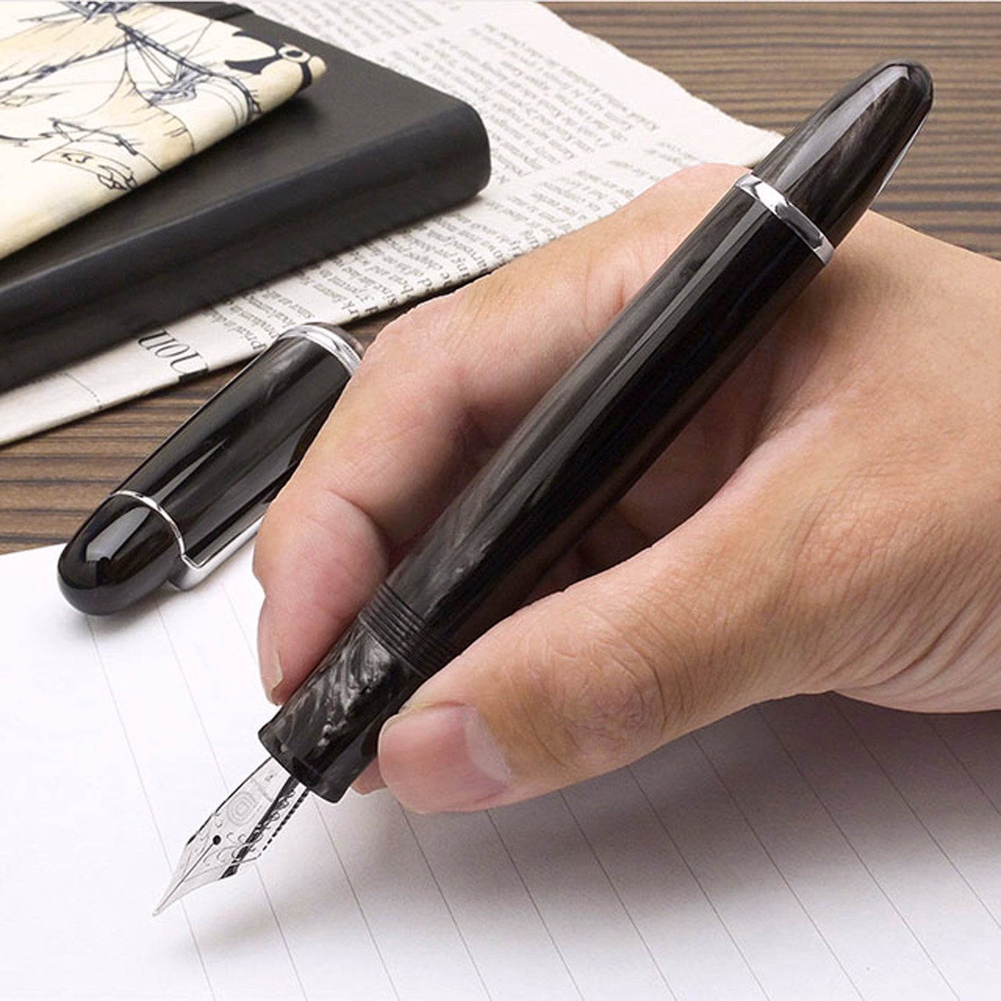 Penlux Masterpiece Grande Wave Black CT Fountain Pen
