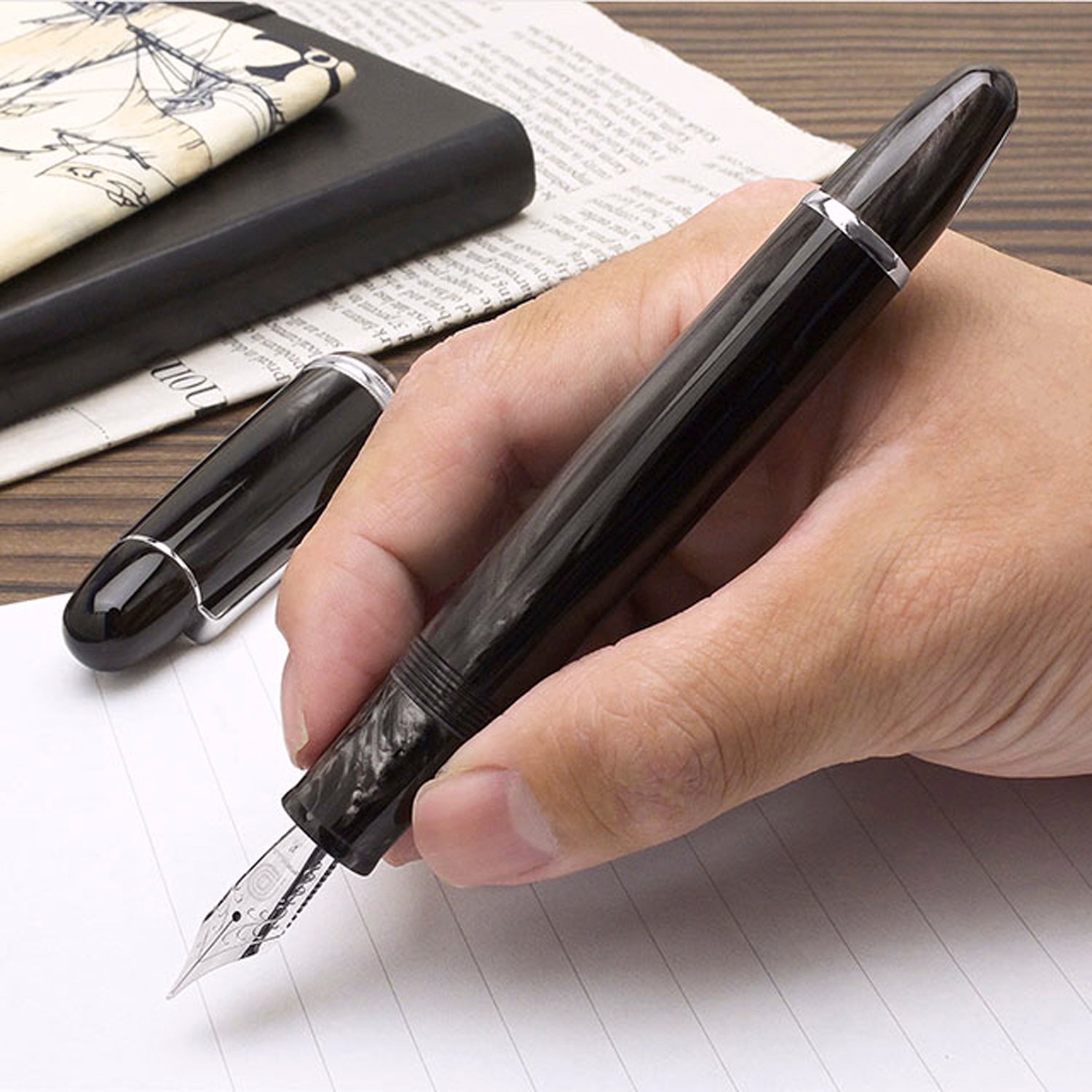 Penlux Masterpiece Grande Wave Black CT Fountain Pen